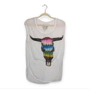 Chaser White Rainbow Skull Cap Sleeve Burnout Tee